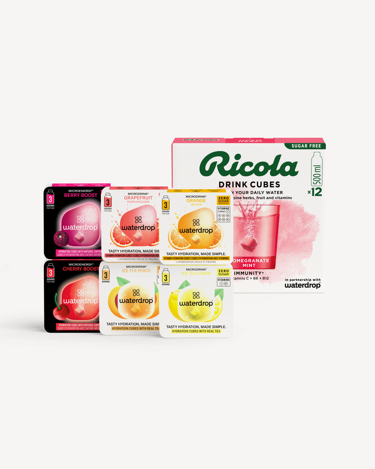 waterdrop® x Ricola Taster Set with hydration cubes.