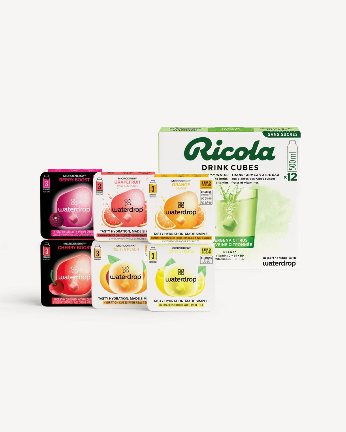 waterdrop® x Ricola Taster Set with hydration cubes.
