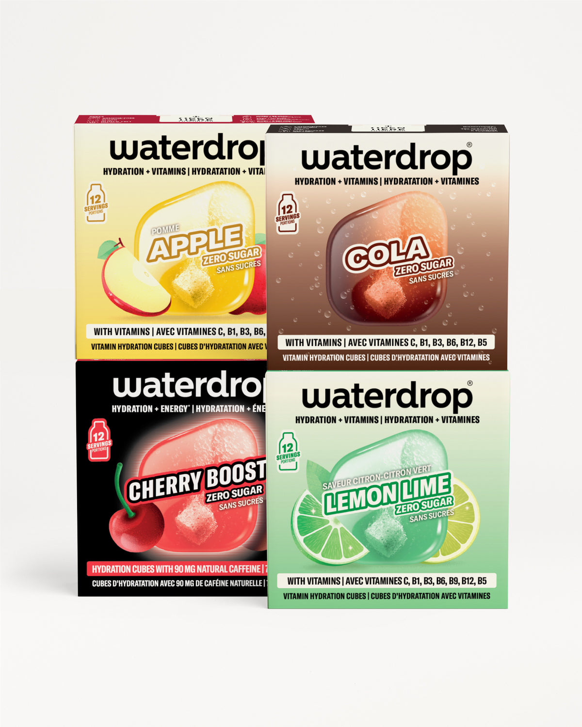 Četiri kutije Waterdrop hidratacije poredane u 2x2 mreži u žutoj, crvenoj, crnoj i zelenoj boji.