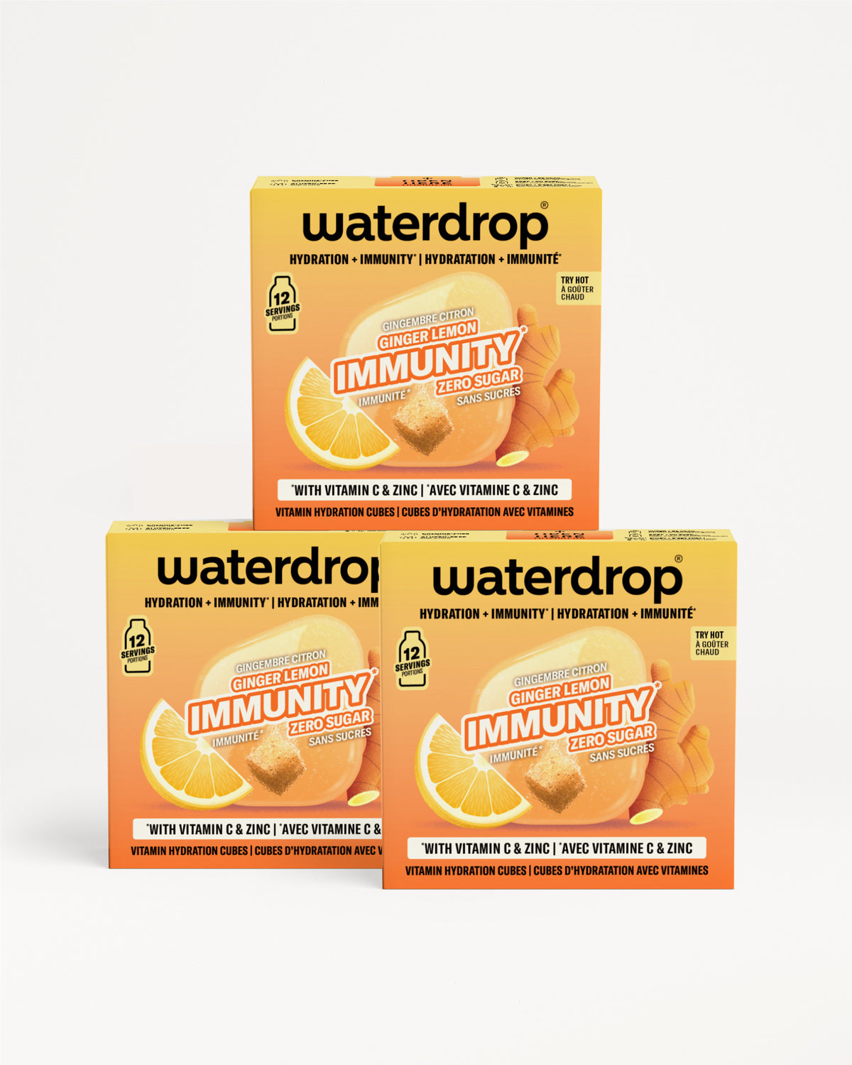 Tri narandžaste kutije Waterdrop Immunity s vitaminom C i cinkom, poredane u piramidu.