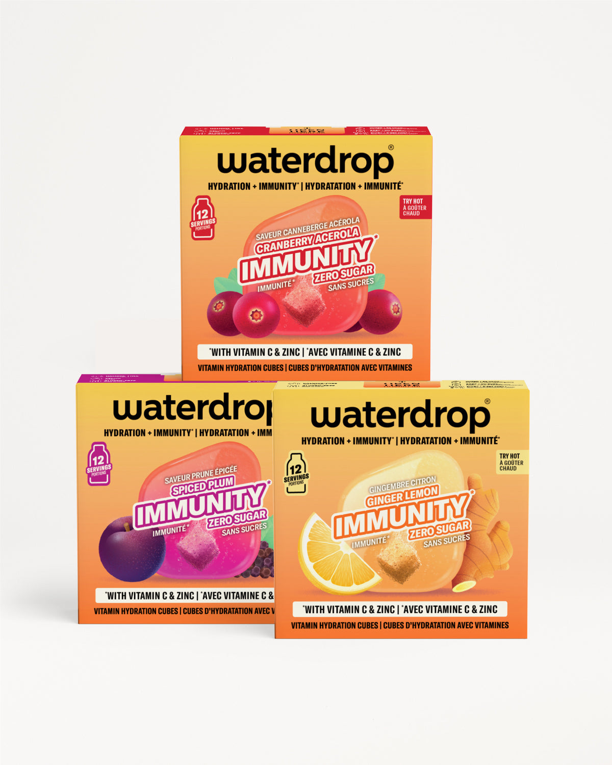 Tri Waterdrop proizvoda kutije složene uz bijelu pozadinu.