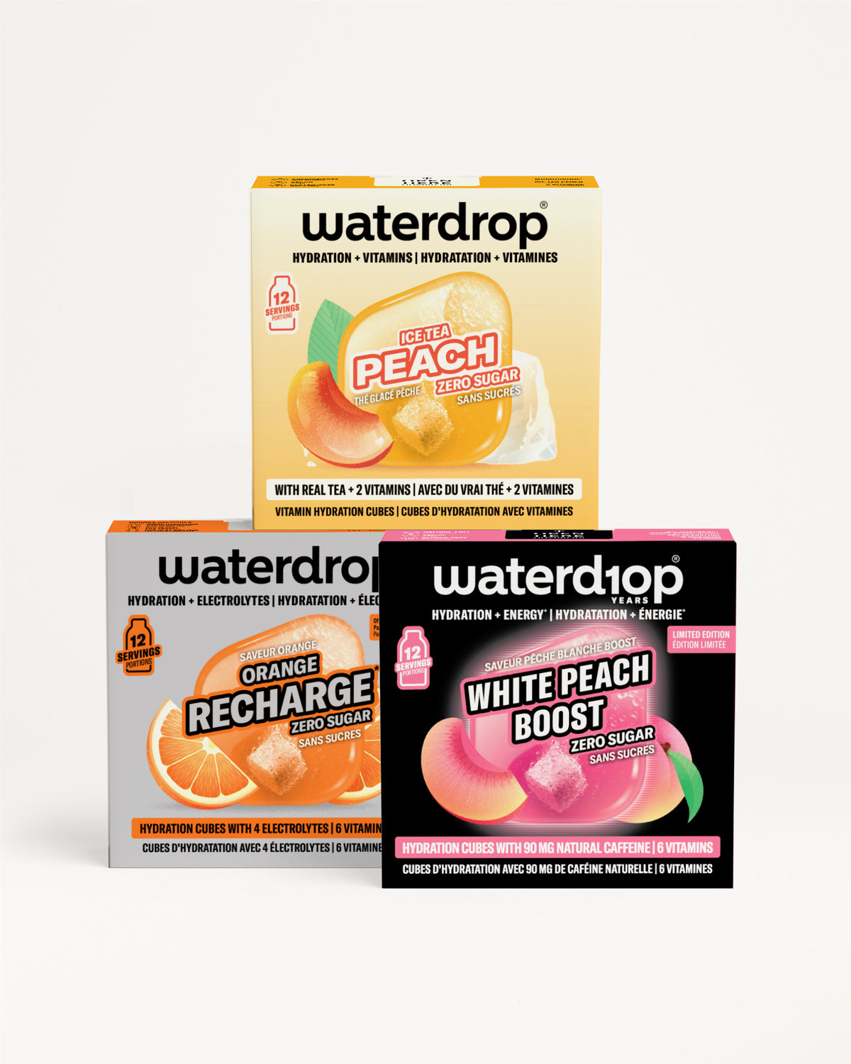 Tri Waterdrop kutije hidratacije pored bijele pozadine, okusa Peach, Orange Recharge i White Peach Boost.