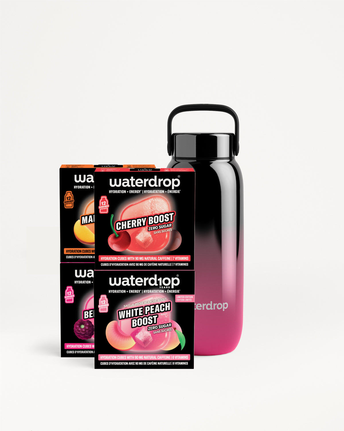 Set Waterdrop napunjavača ukusa i boca s gradijentom od ružičaste do crne.