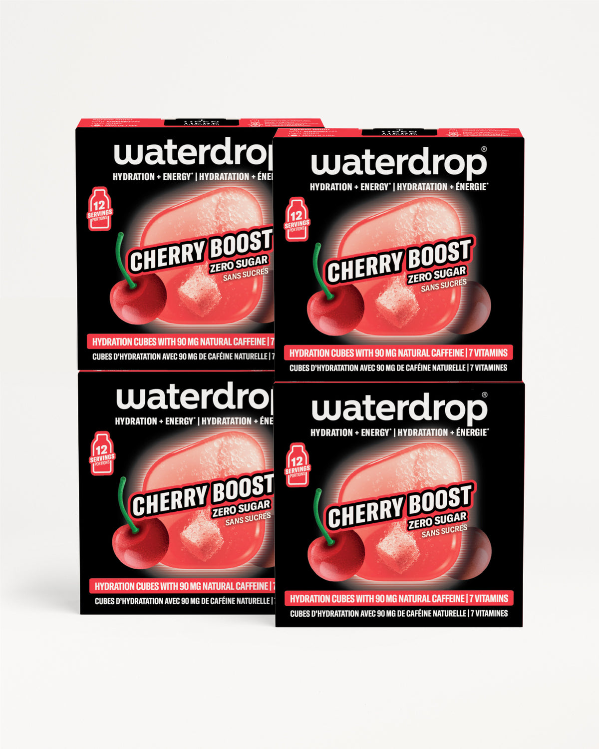 Četiri kutije Waterdrop Cherry Boost hidratacionih kapi, raspoređene u 2x2 mrežu.