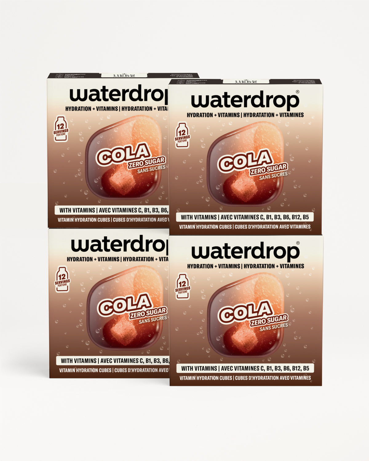 Četiri kutije Waterdrop arome cola postavljene u 2x2 mrežu.