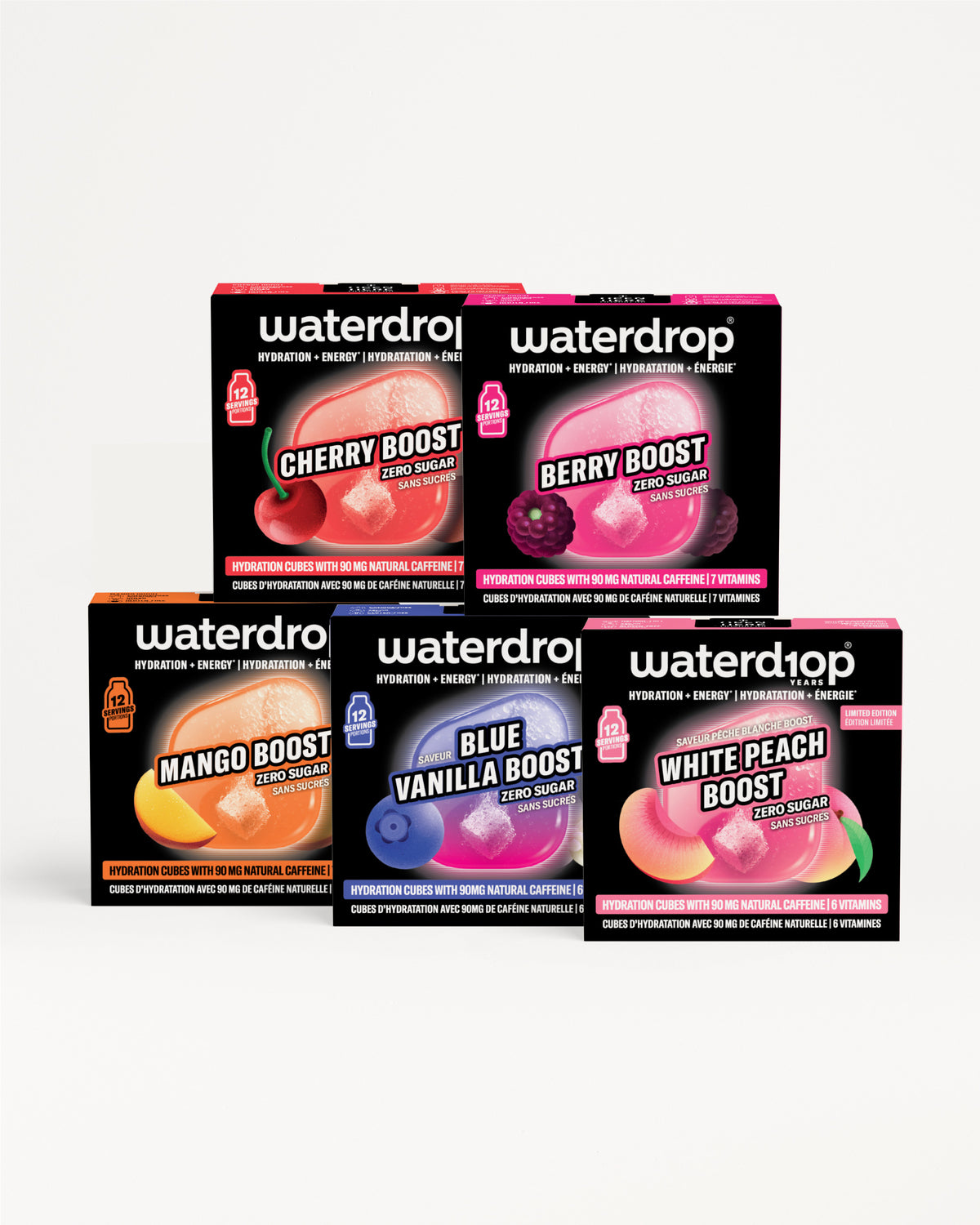 Skup kutija Waterdrop s Boost okusima raspoređenih u dva reda.