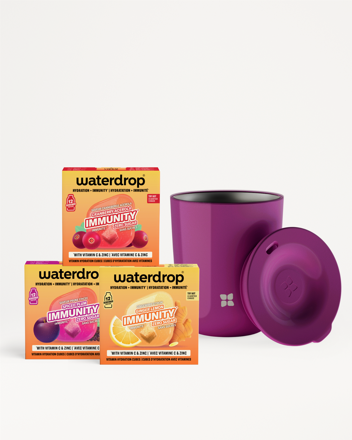 Tri kutije Waterdrop Immunity uz purpurnu izoliranu šolicu s poklopcem.