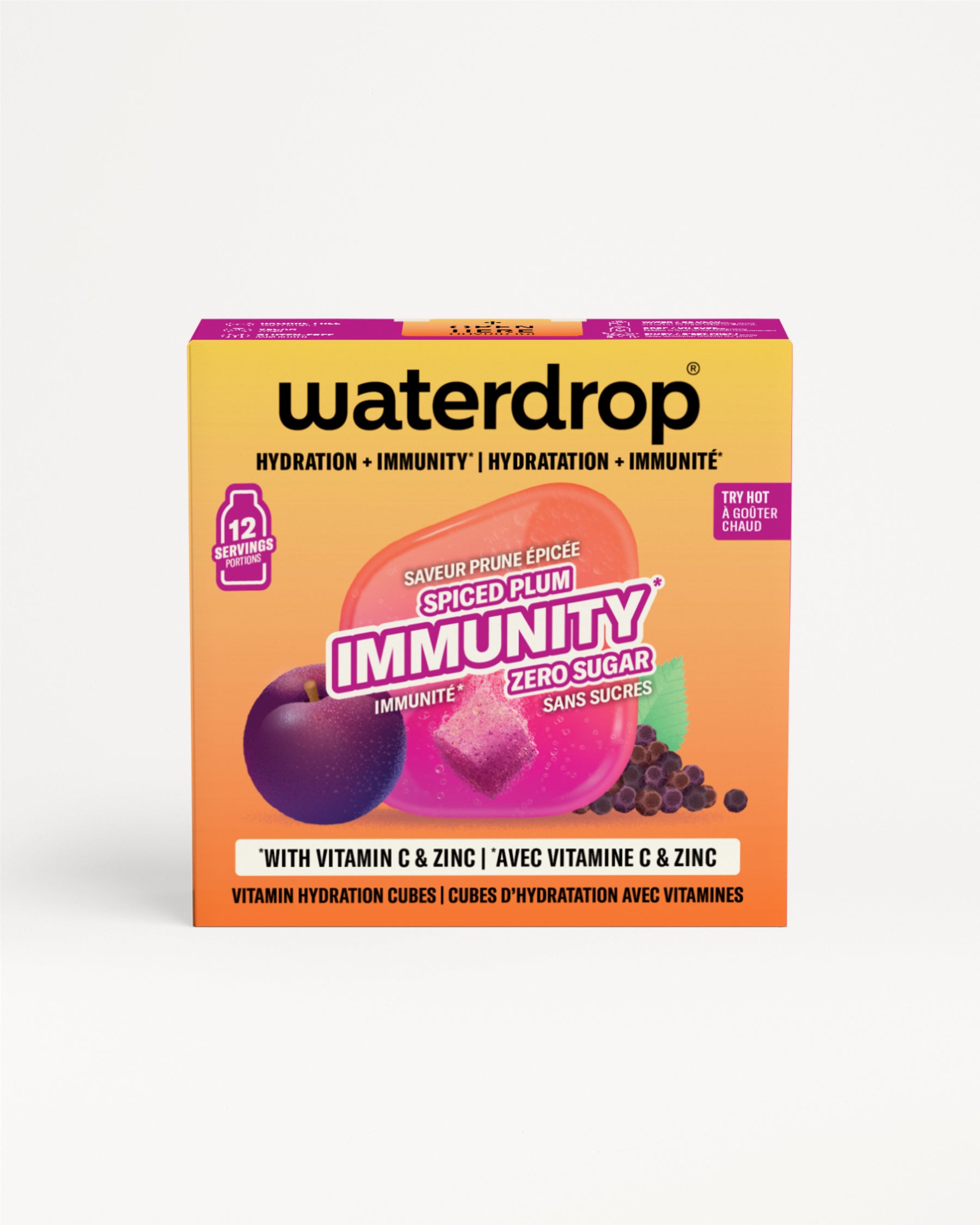 Žuta i ljubičasta kutija Waterdrop imunosti vitamin kockica na bijeloj pozadini.