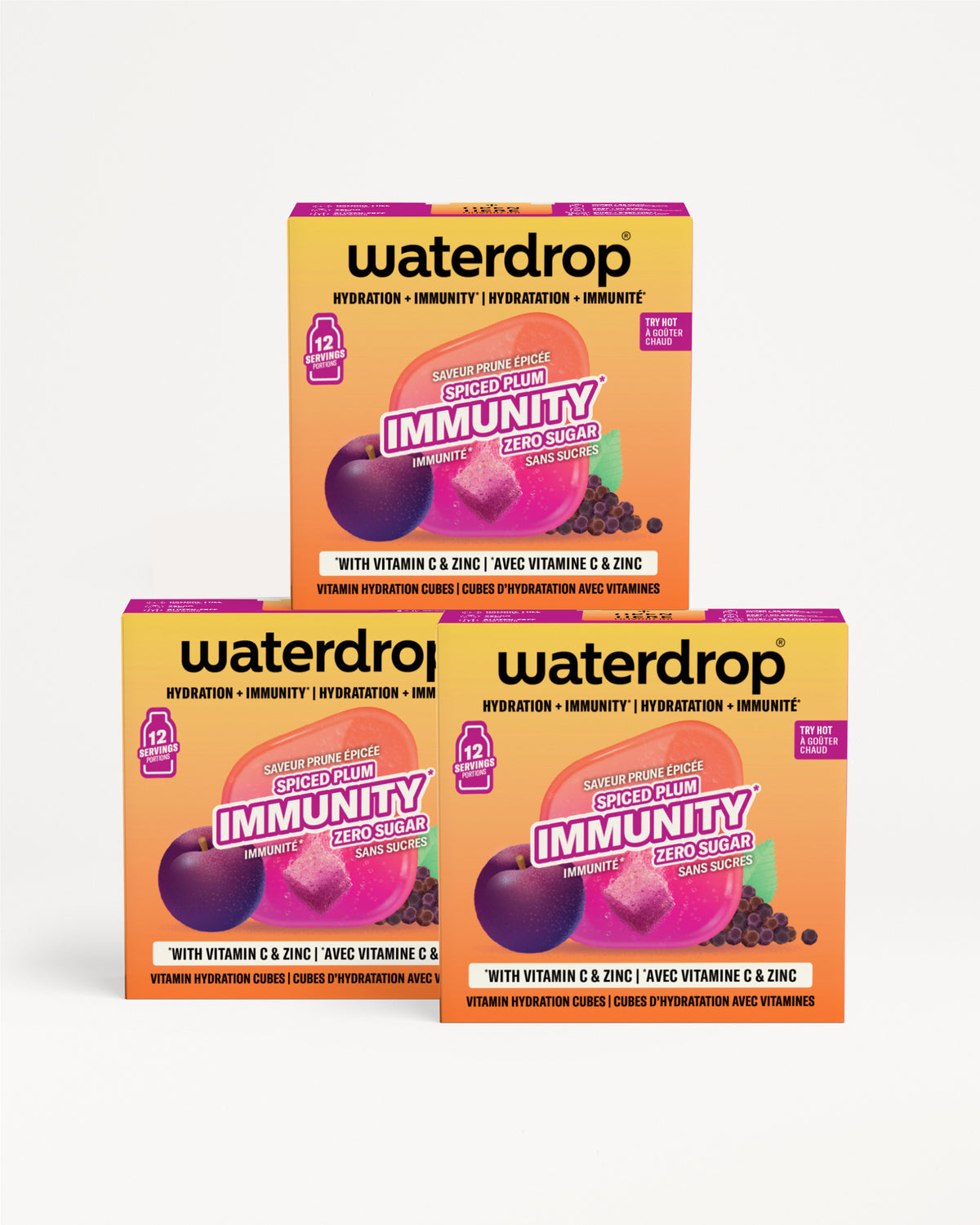 Tri kutija Waterdrop proizvoda složene u trokutastom rasporedu.