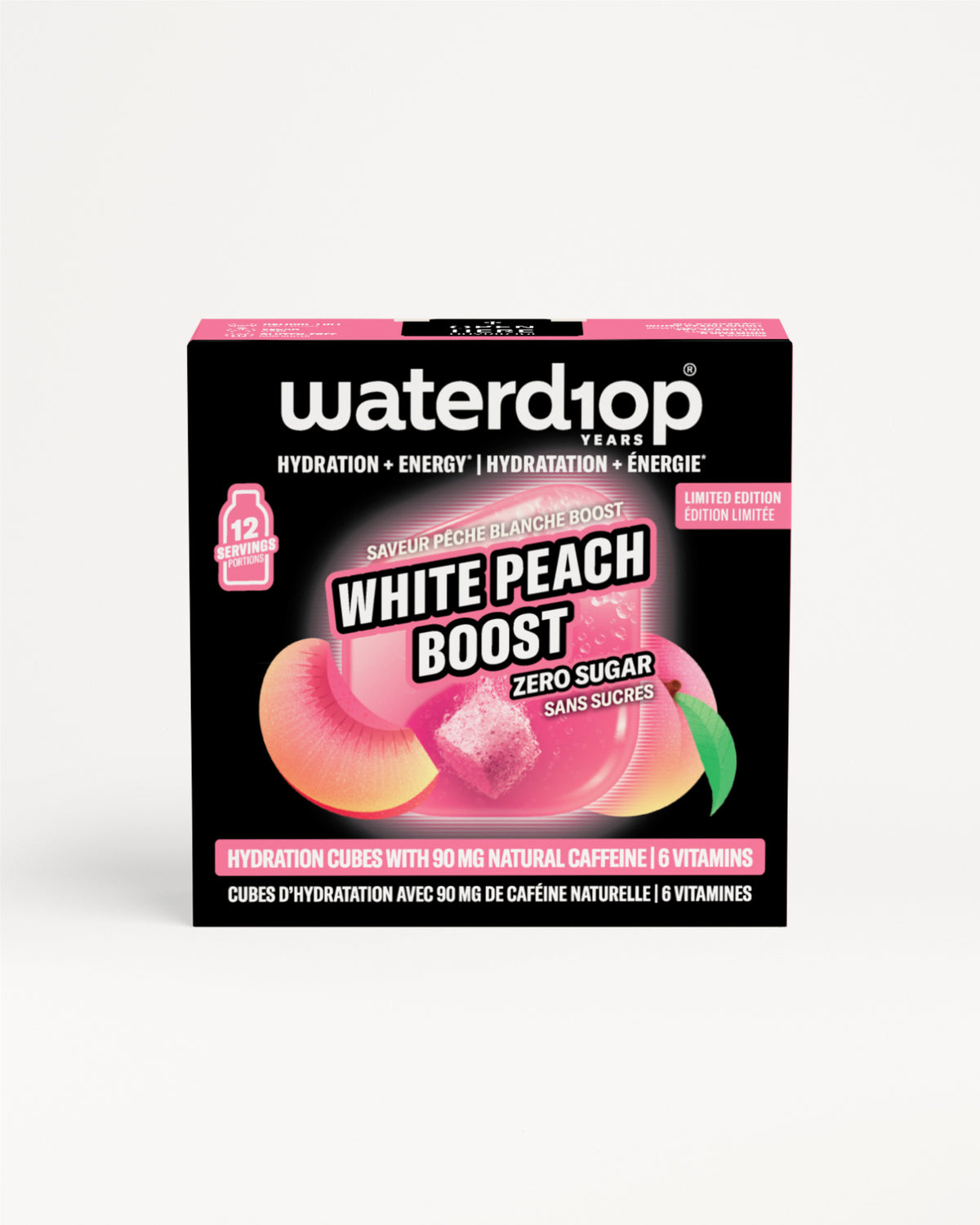 Mala crna kutija Waterdrop White Peach Boost hidratacijske kockice bez šećera.